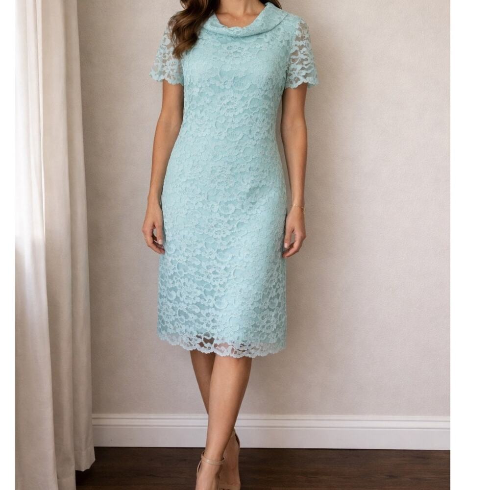 Vintage Aqua Lace Overlay Dress Mint Blue Floral Sheath Cowl Neck Short Sleeve
